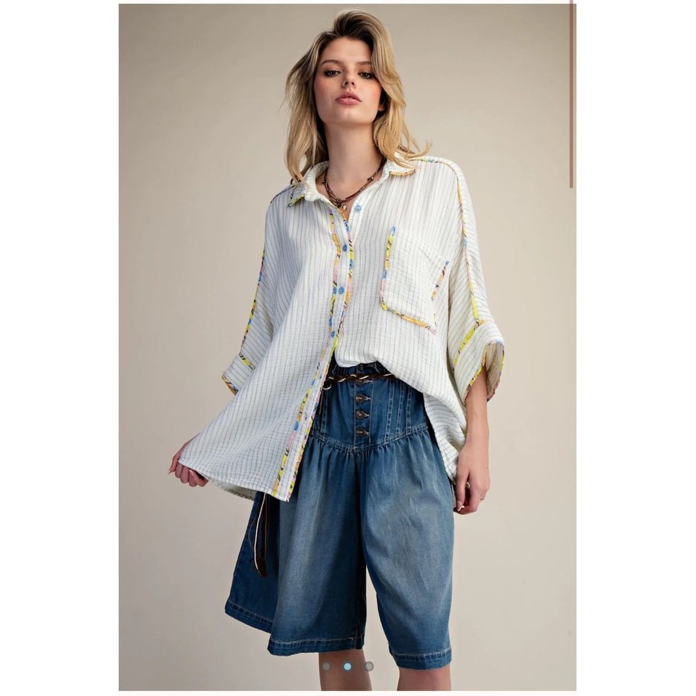 Easel Los Angeles Striped Cotton Gauze Button Down Shirt White Floral Trim 1X